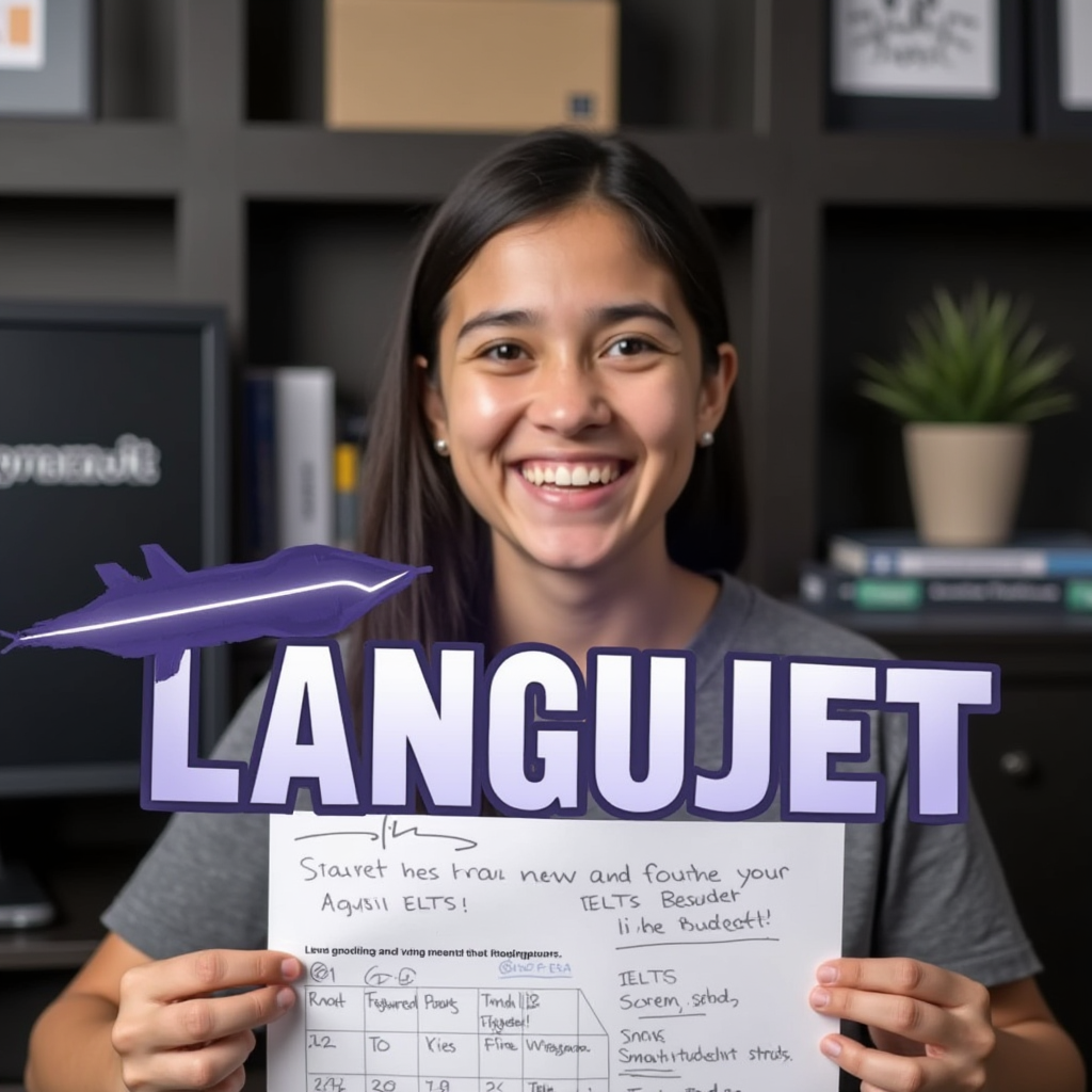 A cheerful student holding an IELTS score report with a wide smile, sitting in front of a computer.