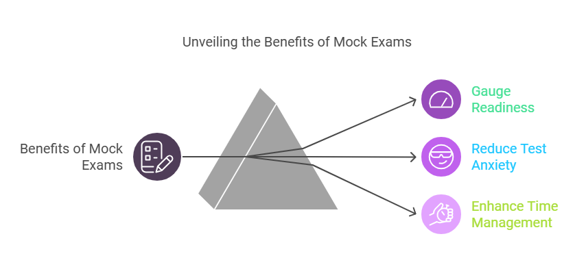 Mock exams simulation highlighting readiness, reducing anxiety, and improving time management for IELTS success.