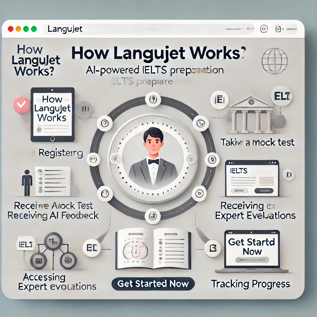 A visual representation of the 'How Langujet Works' page, showing a step-by-step guide to using the AI-powered IELTS preparation platform.