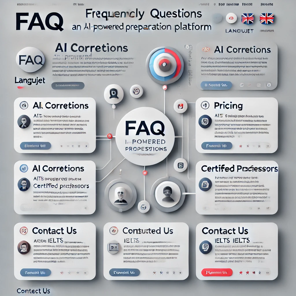 FAQ page design for Langujet, showcasing sections with headings, explanations, and icons for topics like AI corrections, pricing, certified professors, and IELTS test practice, styled with a clean and professional layout.
